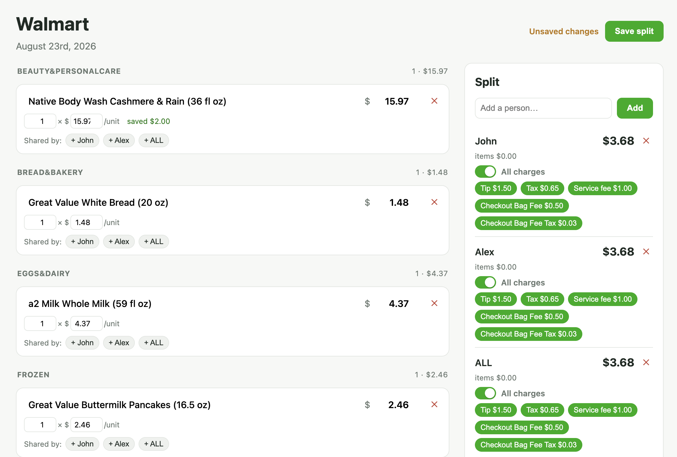 Split Groceries showing an itemized Walmart receipt with each item assigned to people and the per-person totals.
